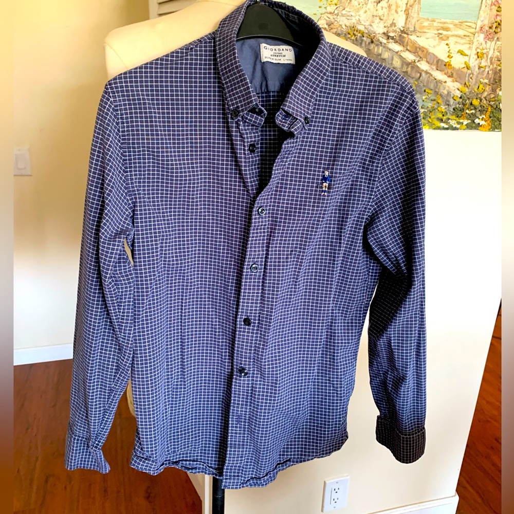 Giordano Oxford stretch, super slim Blue Gingham Casual Shirt
